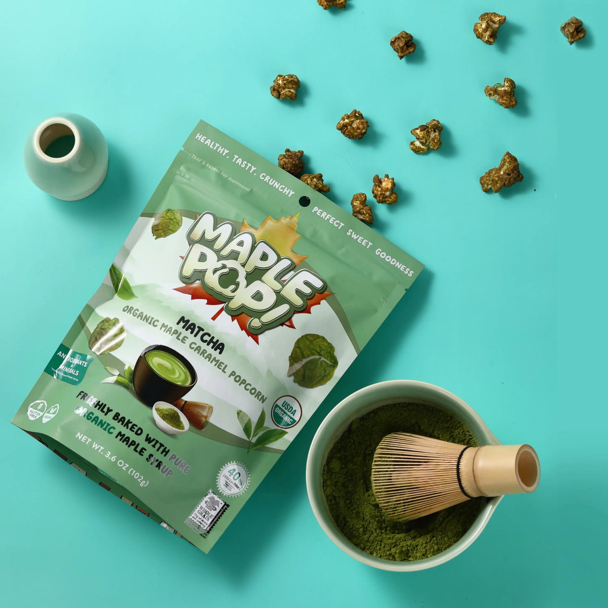 Maple Pop Matcha popcorn close up