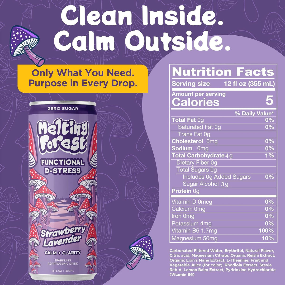 Mushroom D-Stress Drink - Strawberry Lavender can