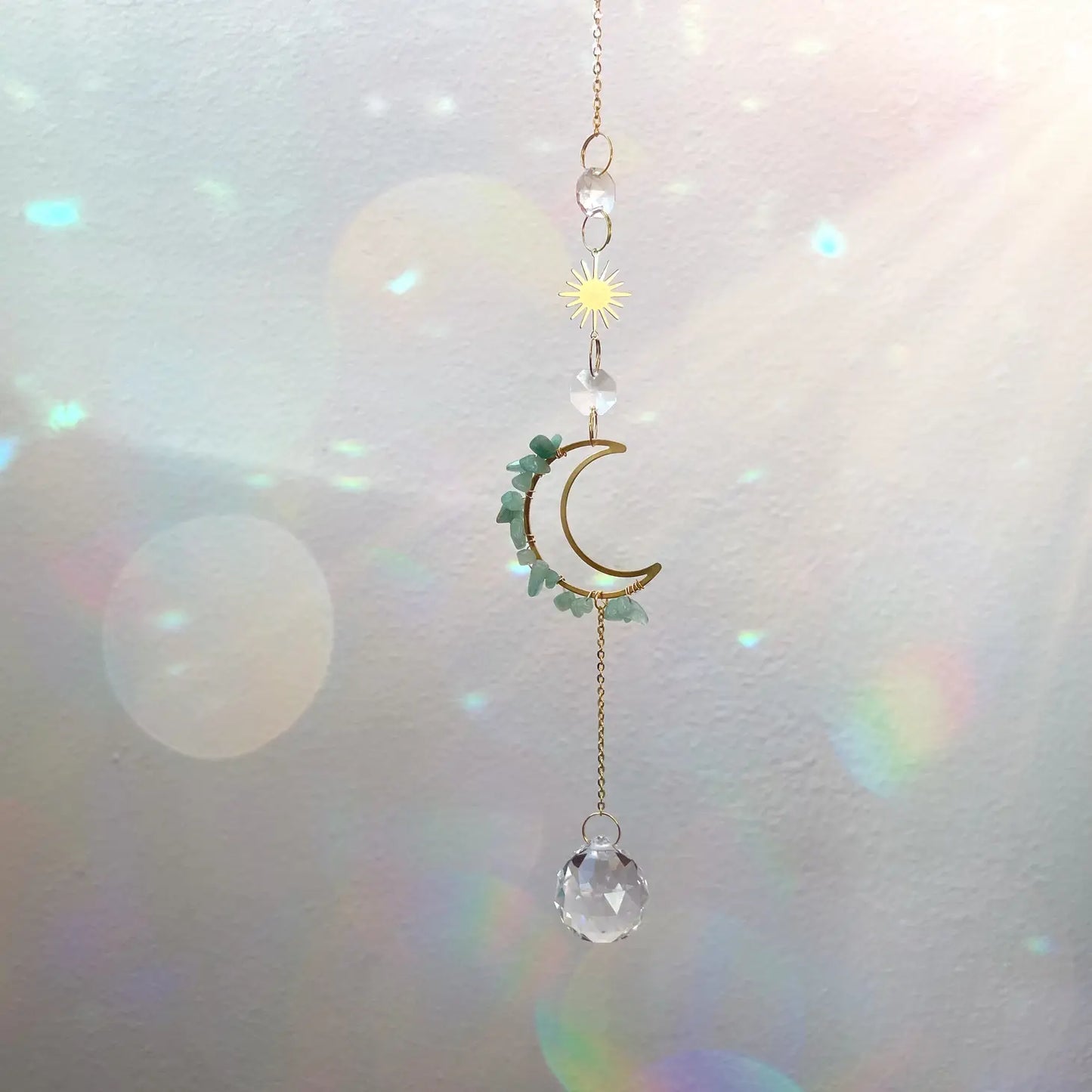 Moon Green Aventurine Crystal Suncatcher Rainbow Prism