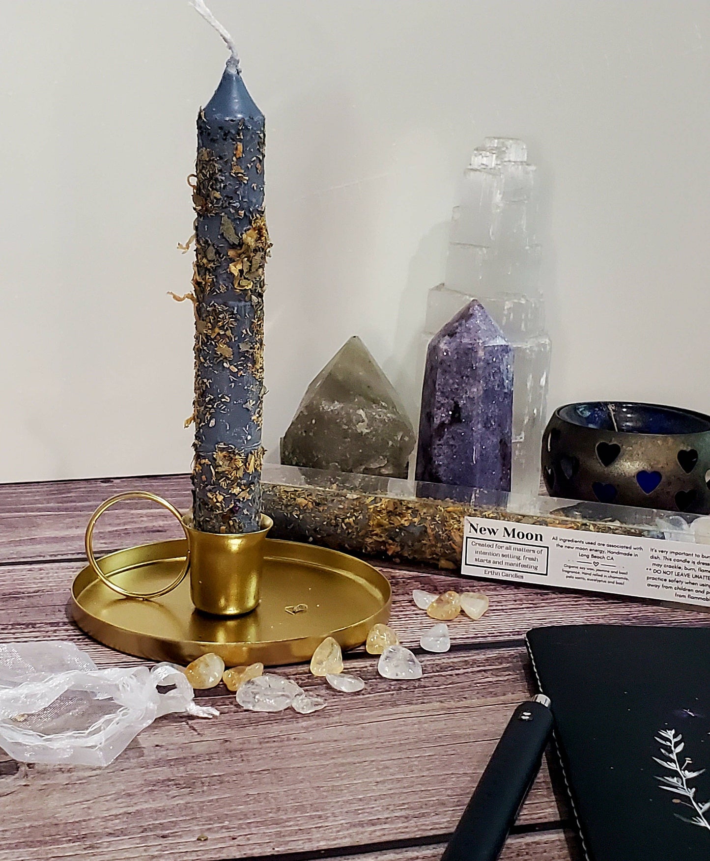 New Moon Herbal Candle 6" Handmade Ritual Candlestick