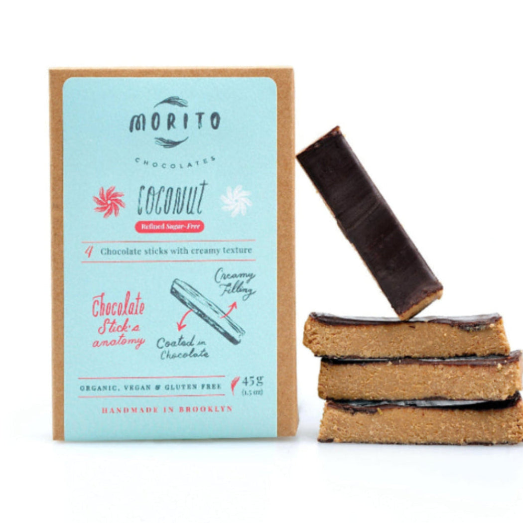 Morito coconut vegan chocolate sticks packaging