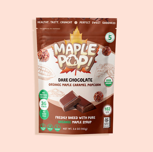 Maple Pop Dark Chocolate Organic Maple Caramel Popcorn bag