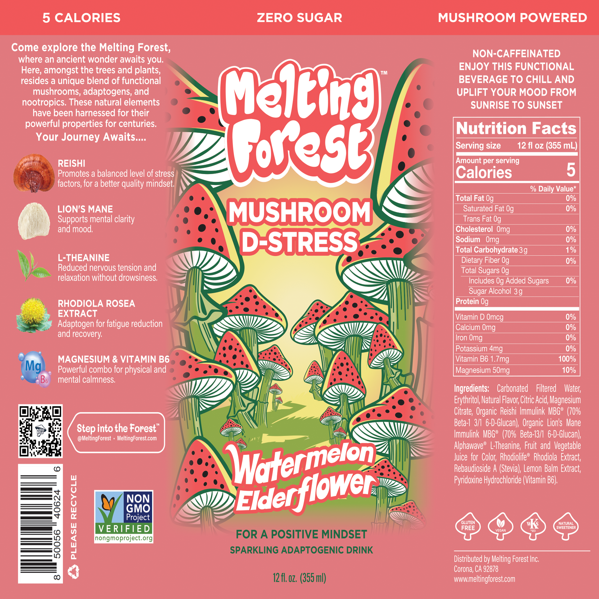 Mushroom D-Stress Drink - Watermelon Elderflower can