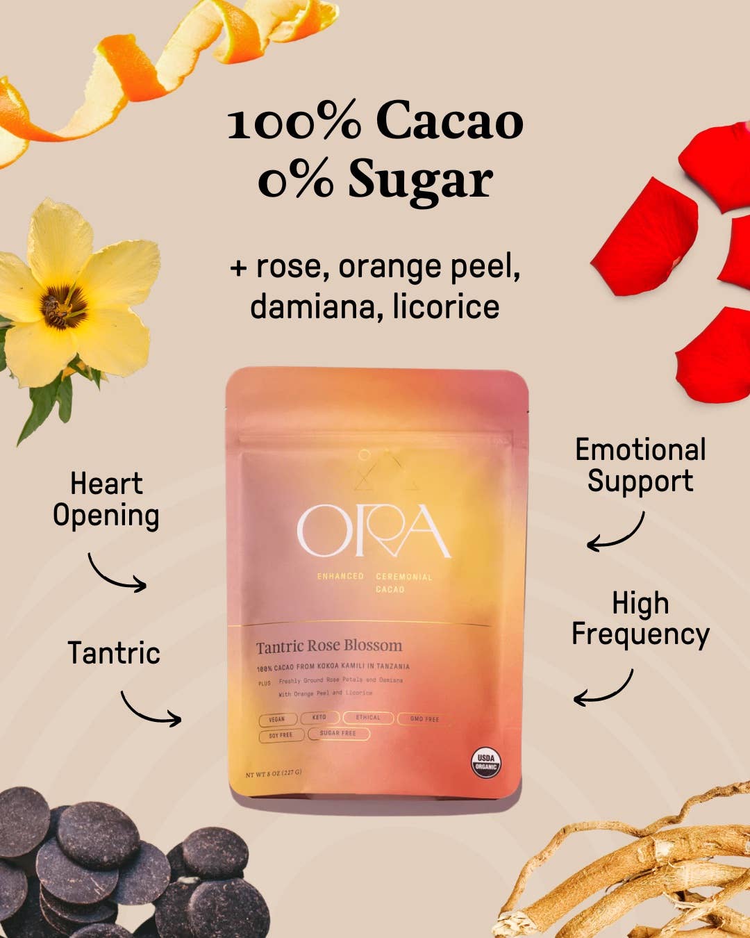 Tantric Rose Blossom Enhanced Cacao - Organic - Ceremonial