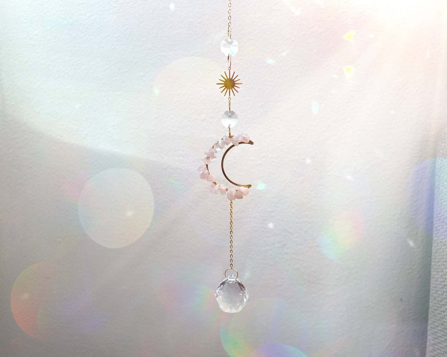 Moon Rose Quartz Crystal Suncatcher Rainbow Prism