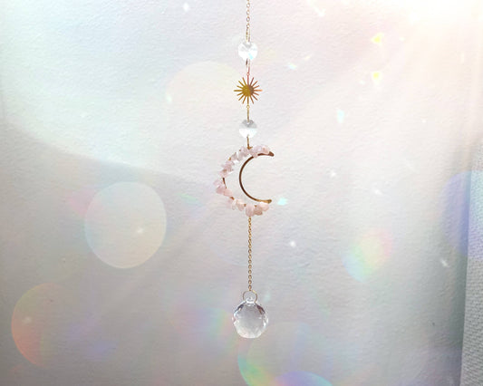 Moon Rose Quartz Crystal Suncatcher Rainbow Prism